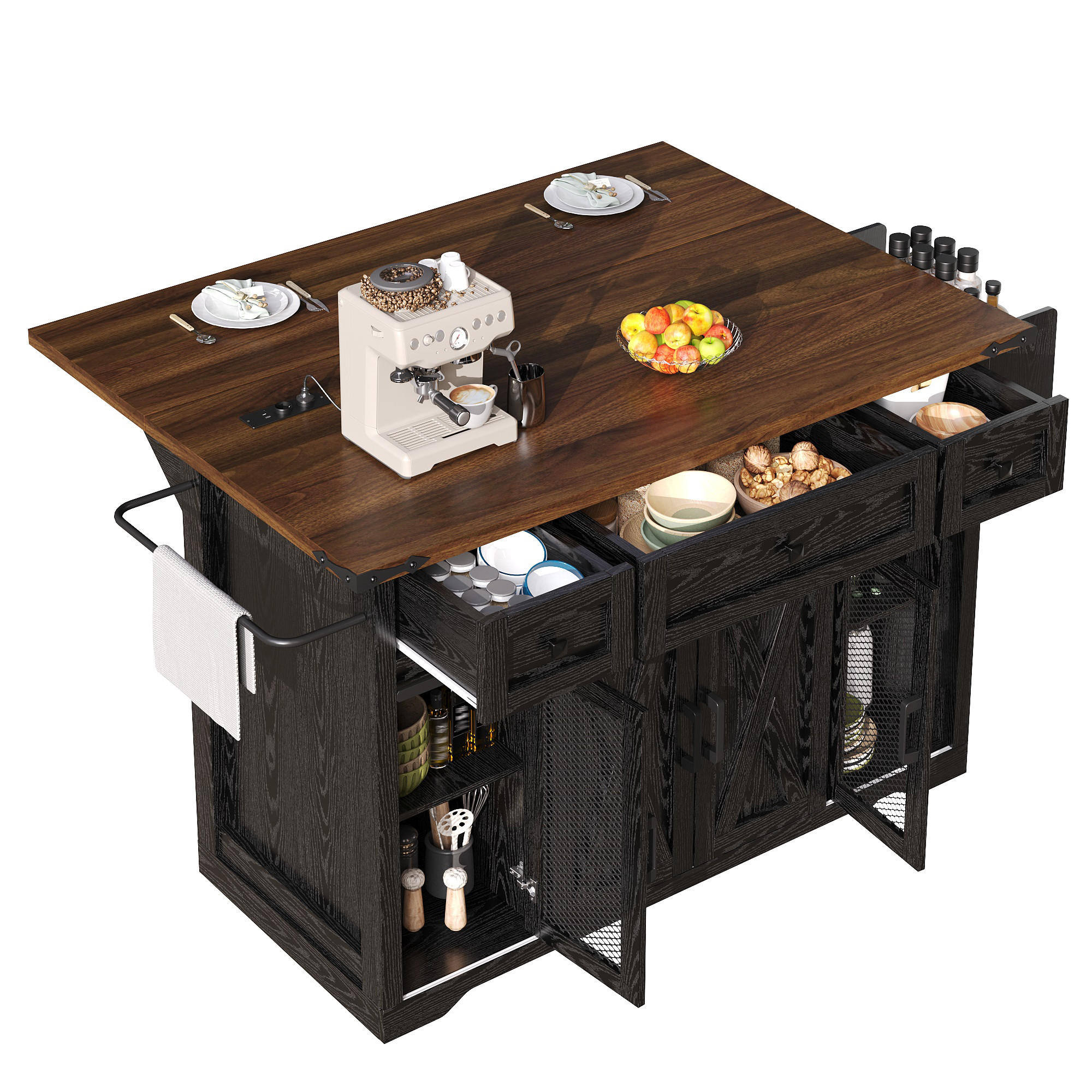 SERVIERWAGEN Multifunktion Küchenwagen Set mit Barhockern ausklappbarer Arbeitsfläche Holz/Metall Set-1 - Schwarz, Holzwerkstoff/Metall (144.4/91.5/75cm) - EVRYAE