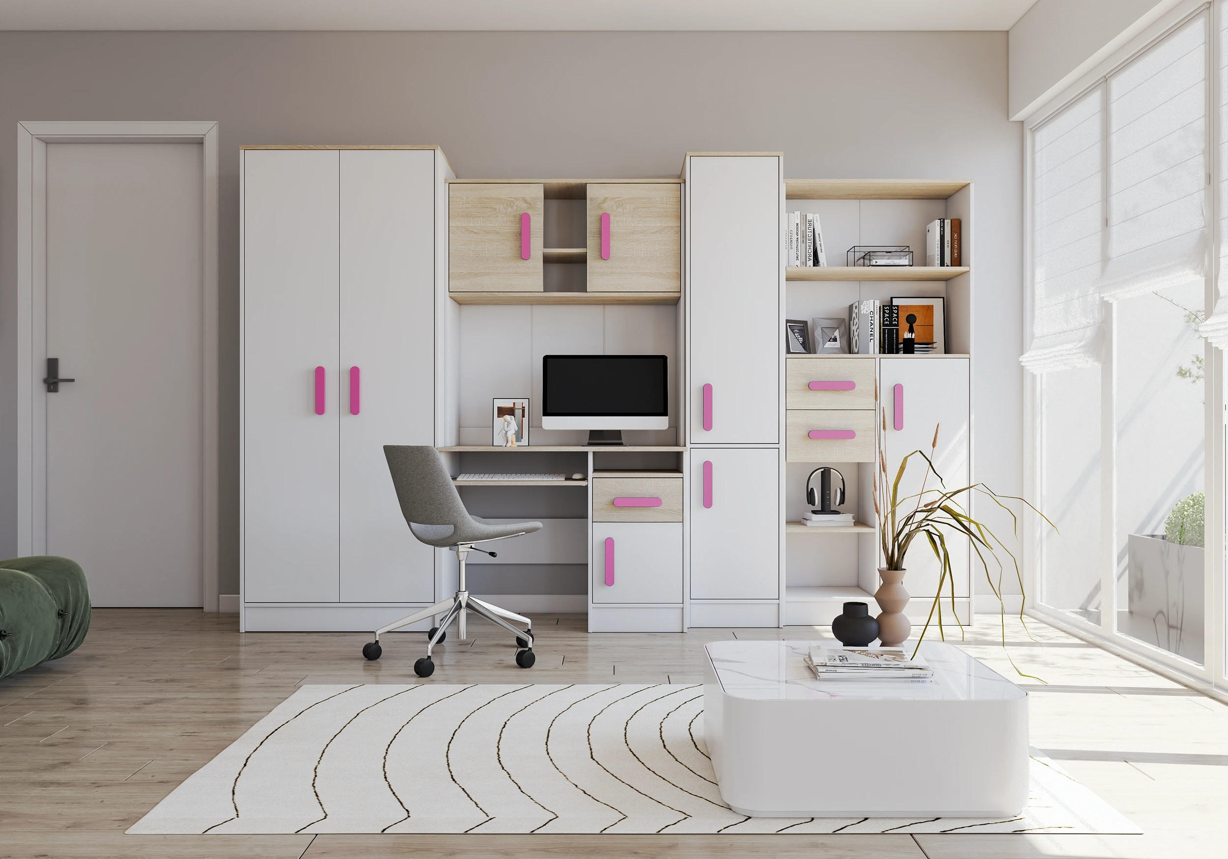 JUGENDZIMMER Wohnwand Colorino in Weiß und Eiche Sonoma – mit rosa Griffen 5 teilig - Kinderzimmer Komplett - Weiß, Holzwerkstoff (80/200/120cm)