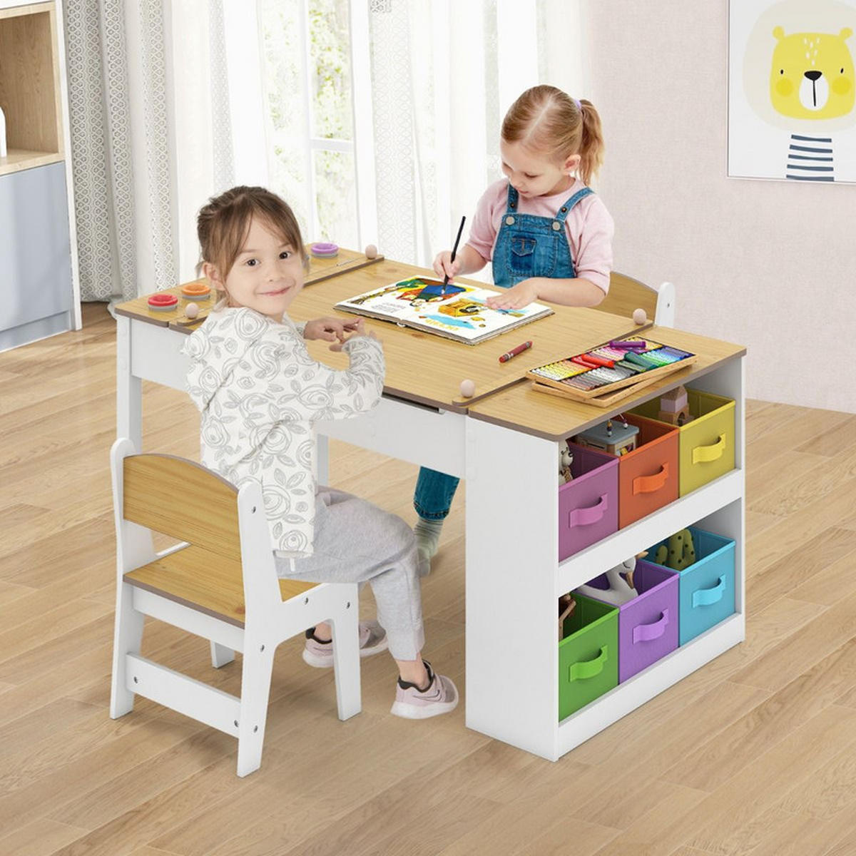 KINDERTISCH mit Stuhl natur(3-tlg) - Naturfarben, Holzwerkstoff (109/55/60cm) - COSTWAY