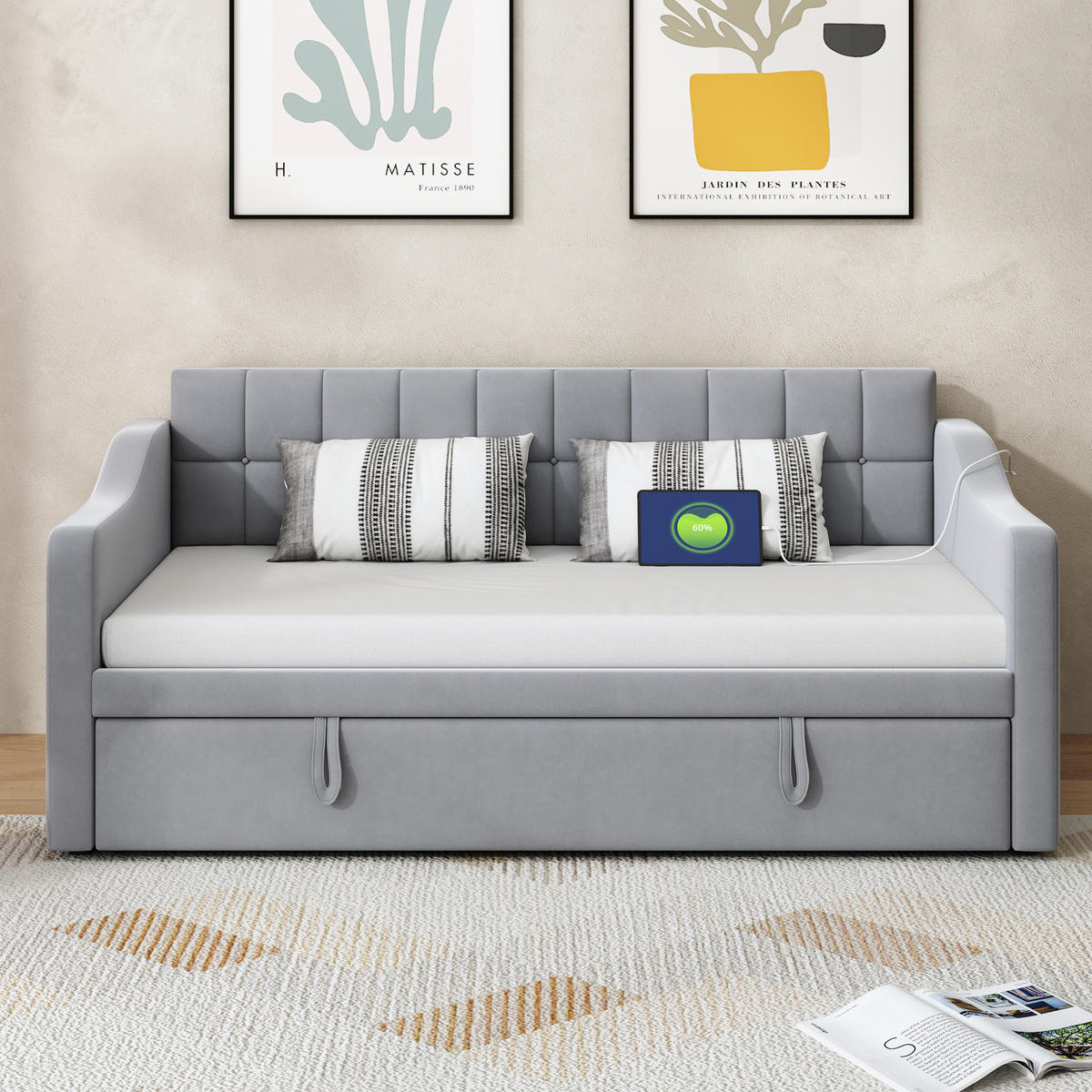 POLSTERBETT 90/190 cm aus Samt mit Ausziehfunktion und USB-Ladeports Hellgrau - Hellgrau, Textil (90/190cm) - Modenvie