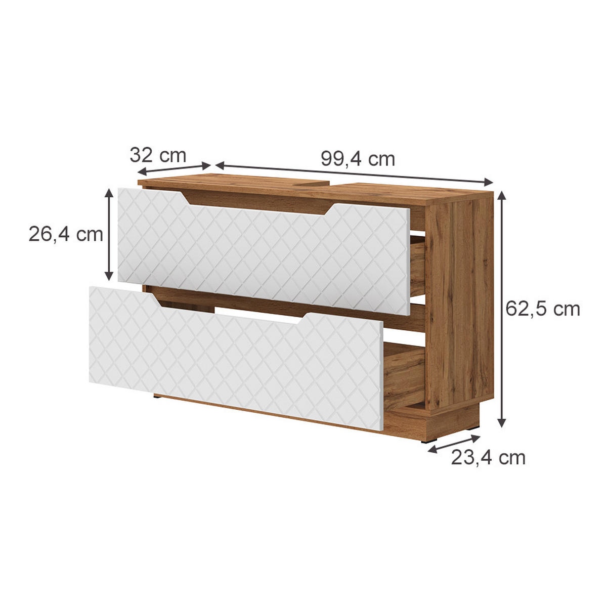 WASCHBECKENUNTERSCHRANK Lotta Eiche/Weiß mit Kachelstruktur 99.4 x 62.5 cm mit 2 Schubladen - Eichefarben/Weiß, Holzwerkstoff (99.4/62.5/32cm) - Vicco