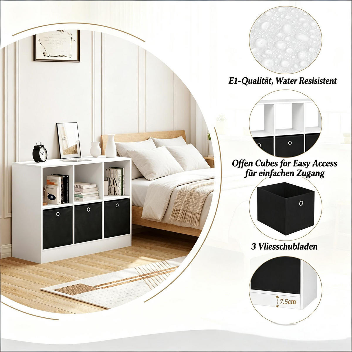 BÜCHERREGAL Weiß/Schwarz mit 3 Stoffschubladen 80/30/61 cm - Schwarz, Holzwerkstoff (80/61/30cm) - PANGIVO