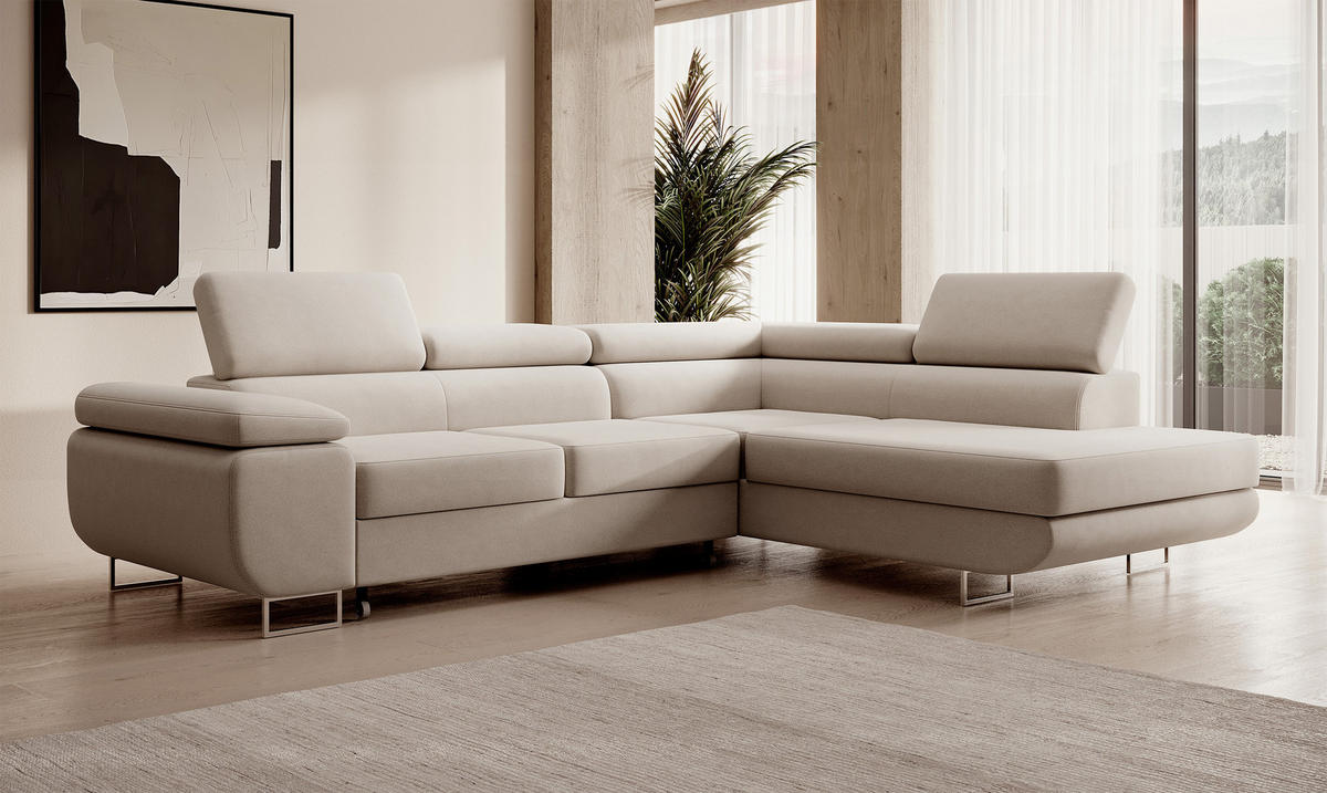 ECKSOFA Stevil Hellbeige Velours - Ecru/Silberfarben, Textil/Metall (275/203cm) - Selsey