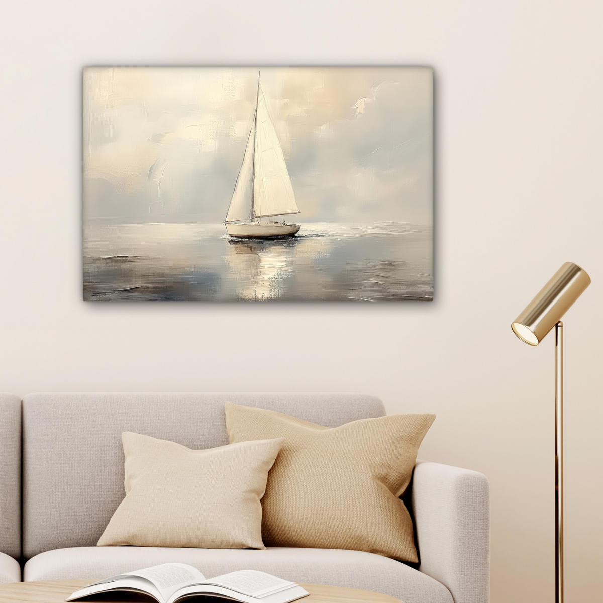 LEINWANDBILD Segelschiff - Meer - Bewölkt Wanddeko 90x60 cm - Creme, Textil (90/60cm) - MuchoWow