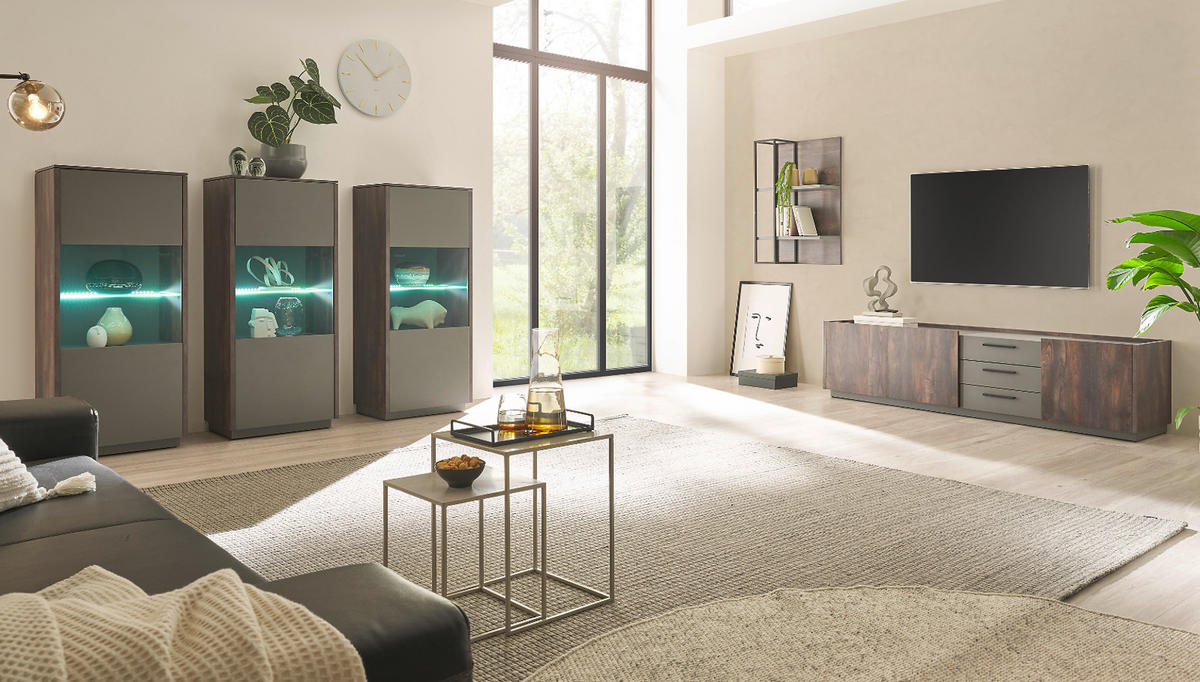 ESSZIMMER-SET Thermo Eiche, grau, Speisezimmer 4-teilig mit Soft-Close - Eichefarben/Grau, Glas/Holzwerkstoff (200/200/81cm) - Furn.Design