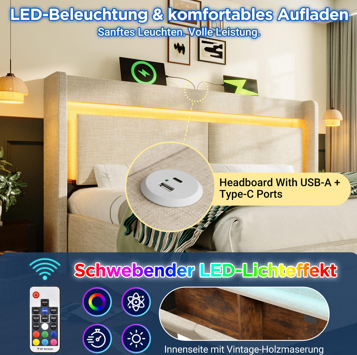 ČALOUNĚNÁ postel 160x200 cm béžová z lnu s hydraulickým úložným prostorem, LED a USB-C - béžová, textil (160/200cm) - OKWISH