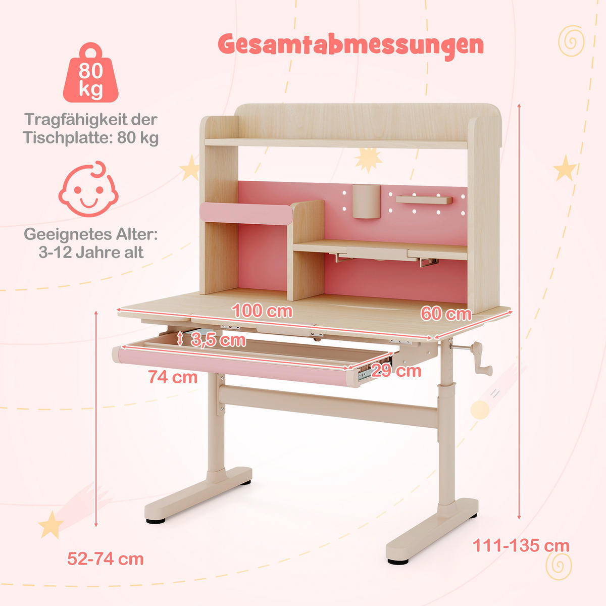 KINDERSCHREIBTISCH höhenverstellbar rosa - Pink, Metall (100/111/60cm) - COSTWAY
