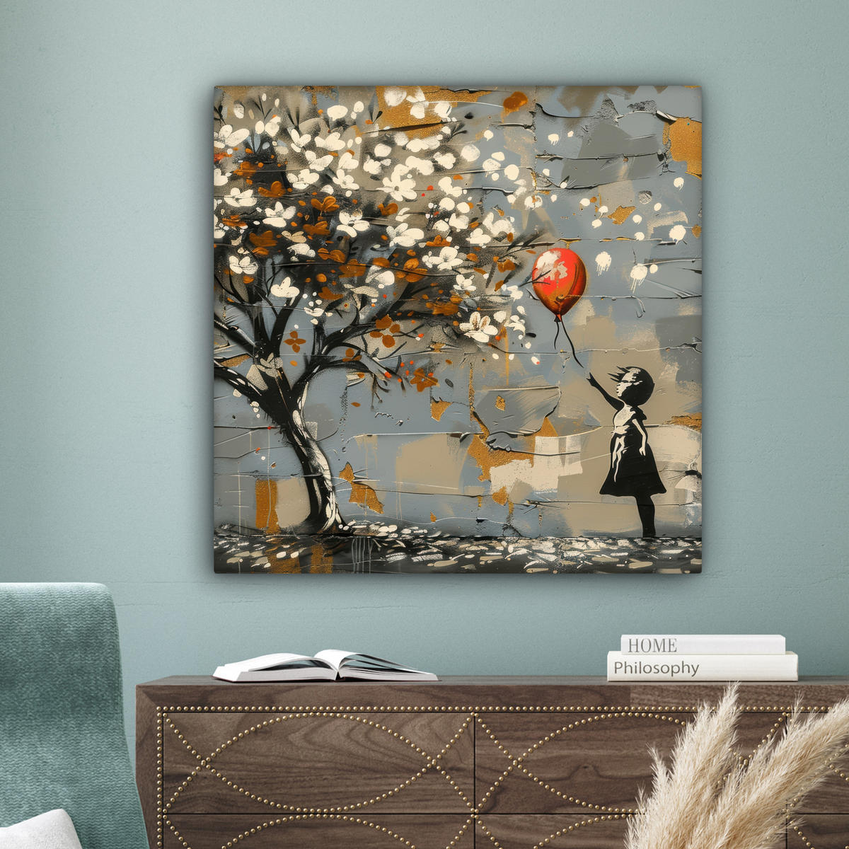 LEINWANDBILD Baum - Graffiti - Banksy-Stil - Ballon-Mädchen 90x90 cm - Blaugrau, Textil (90/90cm) - MuchoWow