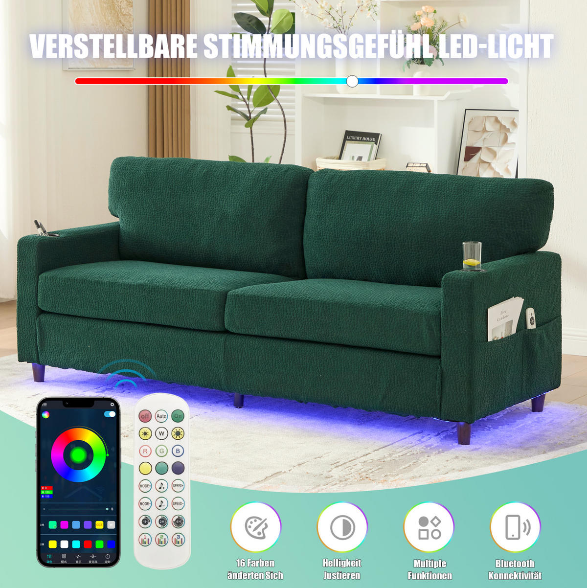 ZWEISITZER Sofa Chenille mit USB-Anschluss LED und Getränkehaltern 203/77,5/86 cm Smaragdgrün - Smaragdgrün, Textil (77.5/86/203cm) - Redom