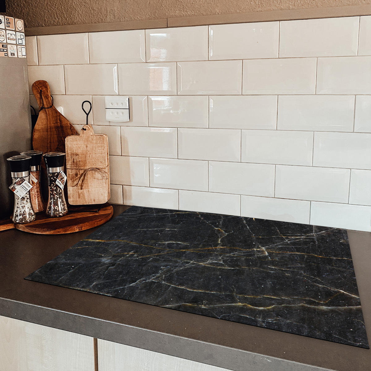 HERDABDECKPLATTE Marmor - Schwarz - Gold - Grau - Marmorstruktur 75x52 cm - Goldfarben, Kunststoff (75/52/0.2cm) - MuchoWow