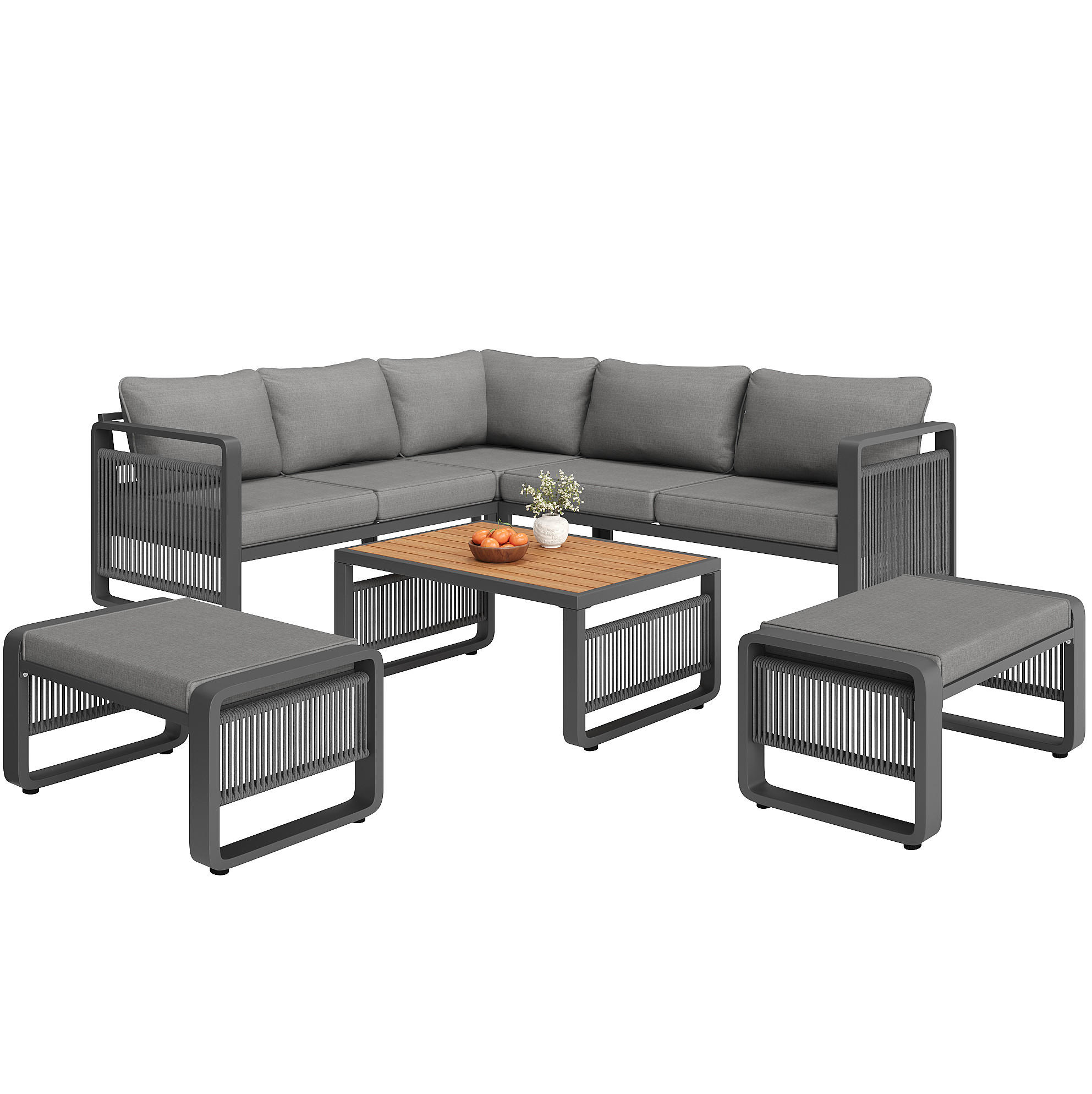 GARTENLOUNGE-SET 185/185/66,5 cm mit verstellbaren Füßen, Seilgeflecht und Polstern, Grau - Grau, Metall - Redom