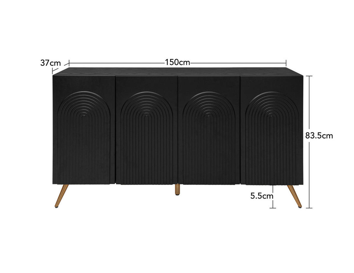 SIDEBOARD aus Holzwerkstoff 150x38x83 cm Schwarz mit verstellbaren Einlegeböden, 3D-Vertikalrillen und Bogentüren - Schwarz, Holzwerkstoff (150/83/38cm) - Modfu