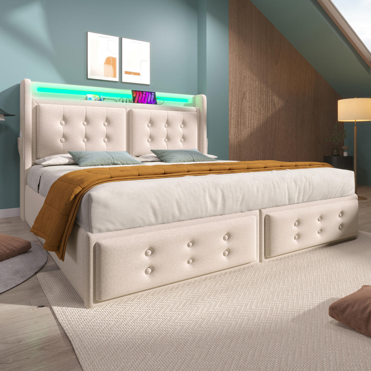 POLSTERBETT mit Bettkasten 140/200 cm in Beige mit LED und USB-C - Beige, Textil (140/200cm) - BEAOK