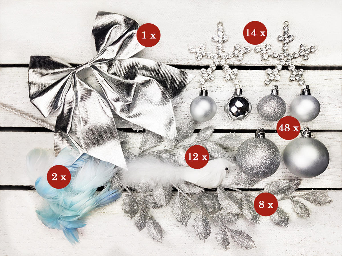 WEIHNACHTSBAUMSCHMUCK-SET HIMMELSSILBER 131-teilig, für Weihnachtsbäume 240–270 cm, inkl. Aufbewahrungsbox - Silberfarben/Weiß, Kunststoff/Textil (55/50/75cm) - LAALU