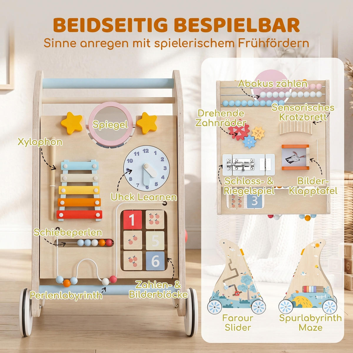 BABY-LAUFLERNWAGEN Mehrschichtplatte Naturholz - Naturfarben, Holzwerkstoff (33.5/47.5/37cm) - AIYAPLAY