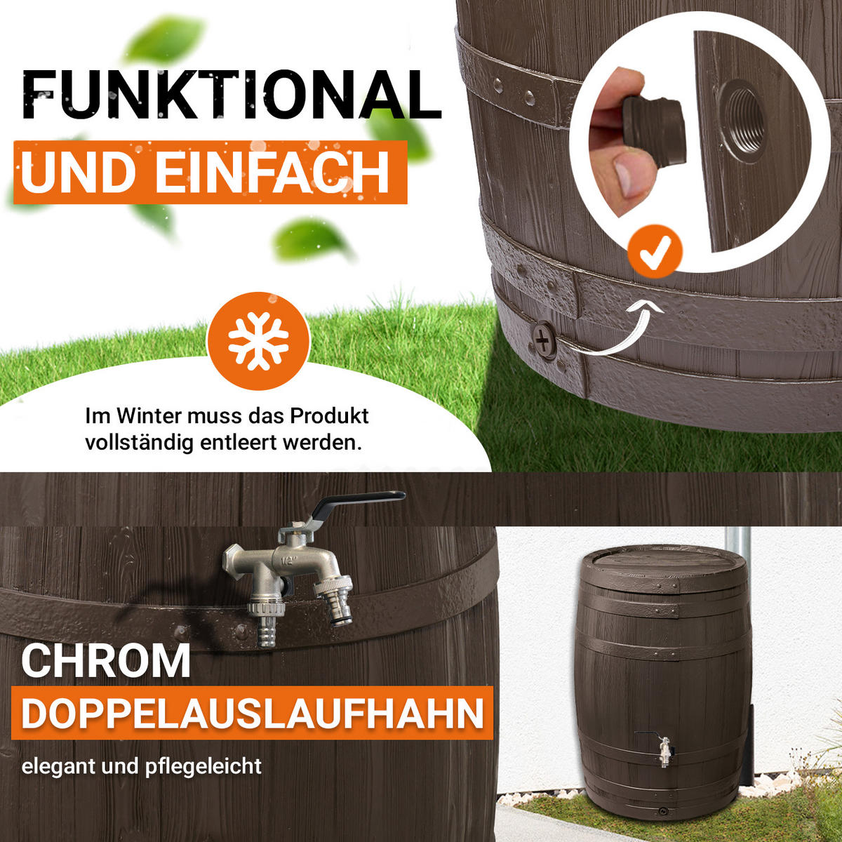 REGENTONNE Komplett-Set 420 L, braun inkl. Chrom-Doppelauslaufhahn und Fallrohranschluss - Braun, Kunststoff (78/105/80cm) - GARANTIA