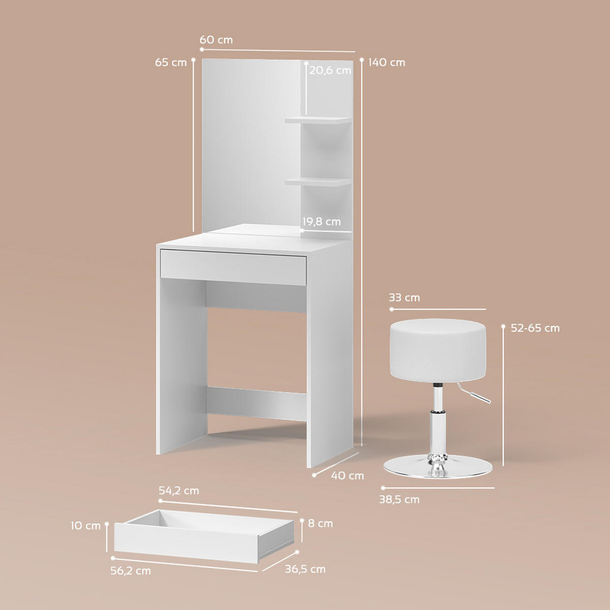SCHMINKTISCH Nola Weiß 60 cm mit Hocker - Weiß, Holzwerkstoff (60/140/40cm) - Livinity®