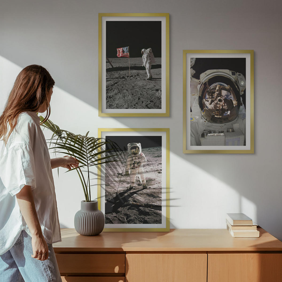 WANDBILDER 3er Set - 40x60 cm Goldrahmen - NASA-Mondlandung - Goldfarben, Kunststoff (40/60cm) - ArtPrintCave