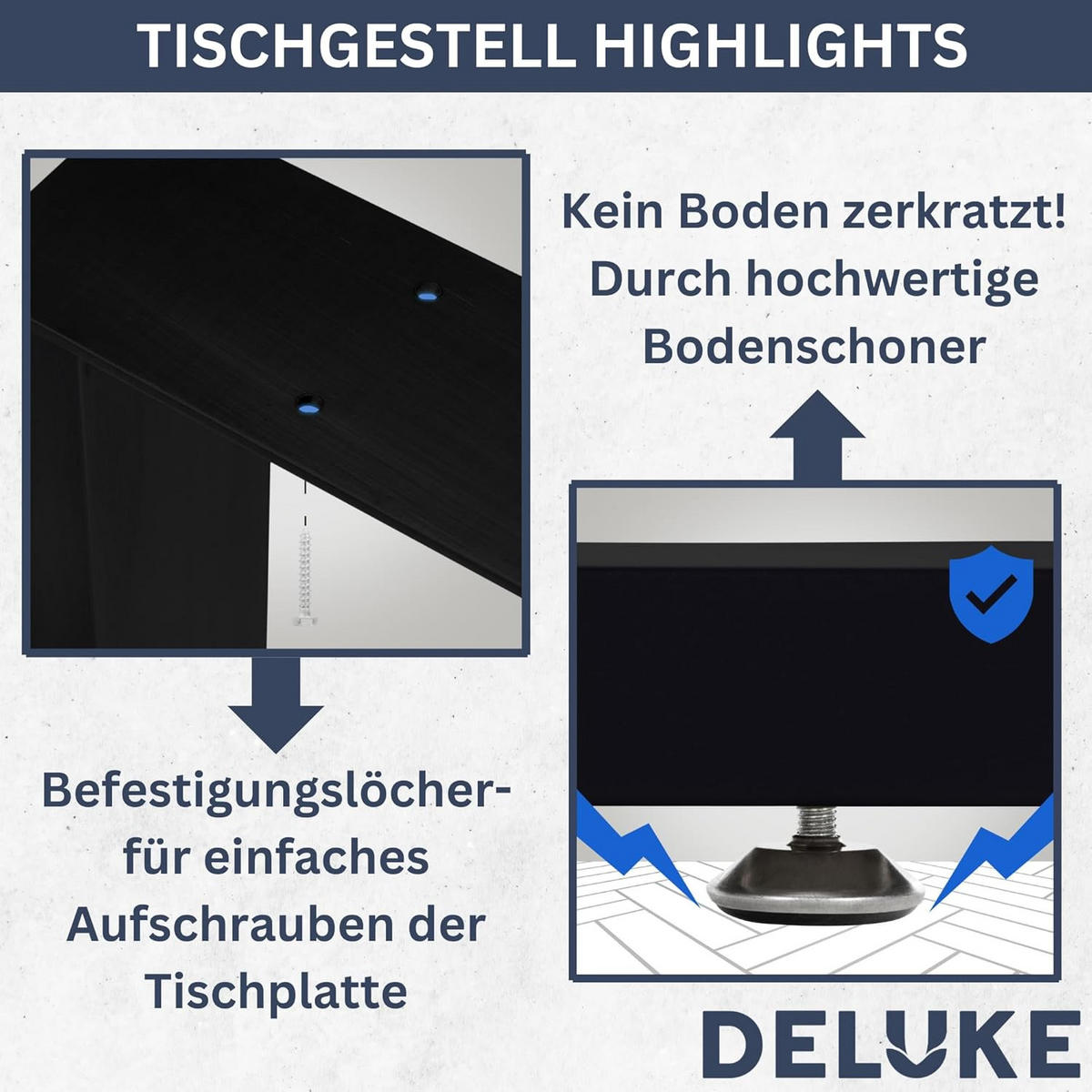 TISCHBEINE Metall CERMO Schwarz | 72x70cm HxB | 2er Set | inkl. Schrauben + Bodenschoner - Schwarz, Metall (70/72/8cm) - DELUKE