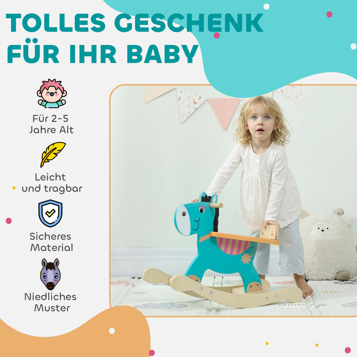SCHAUKELTIER Esel Baby Schaukelspielzeug mit Haltegriffen Schaukel Blaugrün - Dunkelgrün, Holzwerkstoff (27/43/59cm) - AIYAPLAY