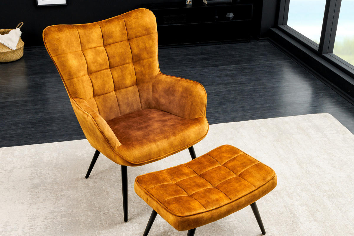 SESSEL SCANDINAVIA Samt Senfgelb 100 cm - Gelb/Schwarz, Textil/Metall (72/98/79cm) - riess-ambiente
