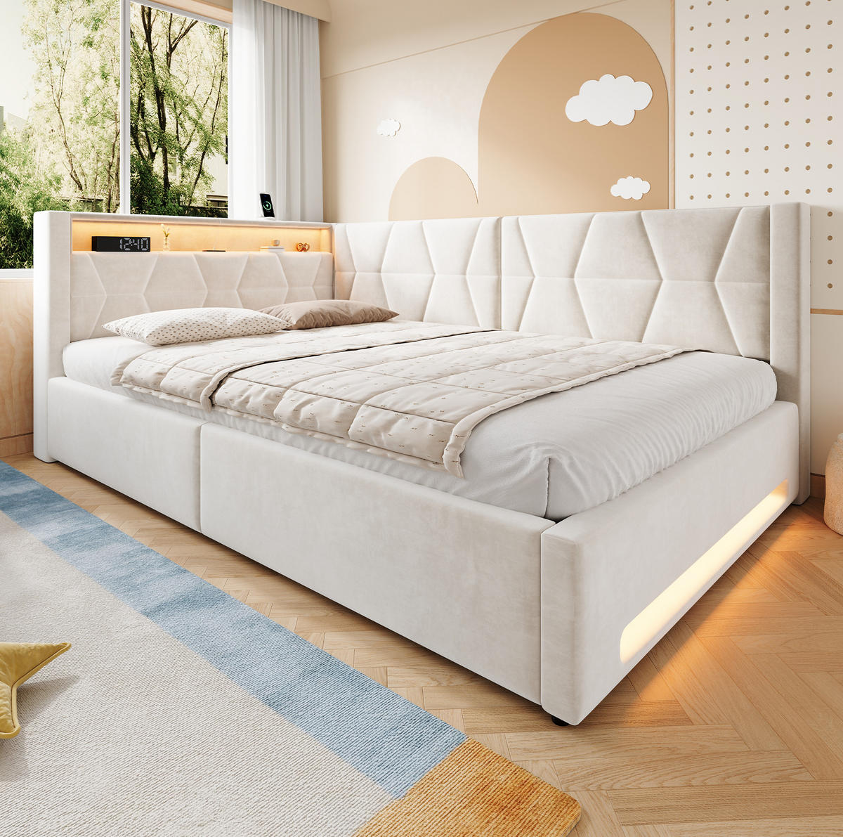 POLSTERBETT 140x200 cm in Beige mit Bettkasten, LED-Beleuchtung, USB und Type-C - Beige, Metall (140/200cm) - IVMEU