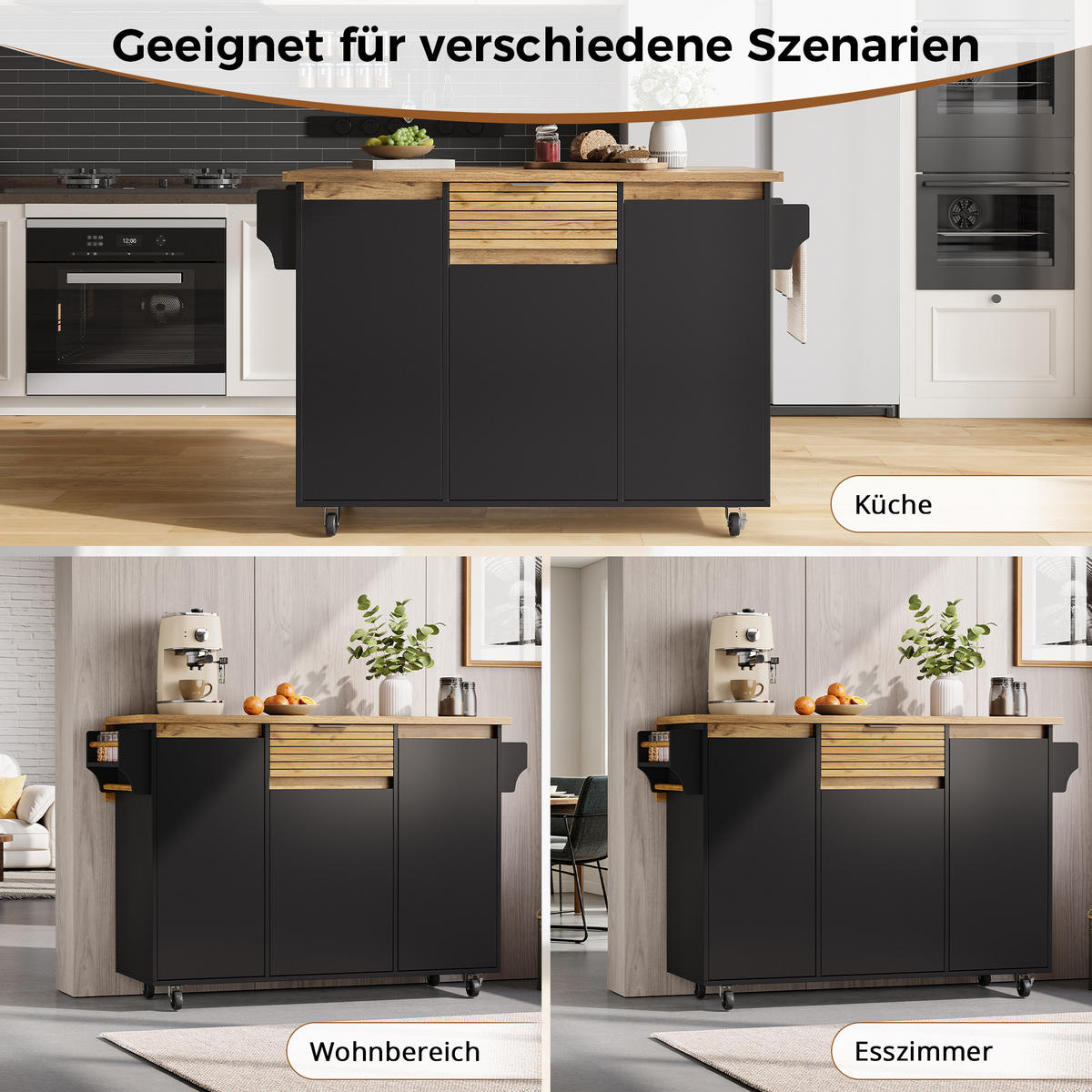 KÜCHENINSEL auf Rollen 120/45/90 cm Schwarz mit klappbarer Arbeitsplatte, 1 Schublade und 3-stufigem Türregal - Silberfarben/Schwarz, Holz/Holzwerkstoff (70/90/120cm) - Oxeza