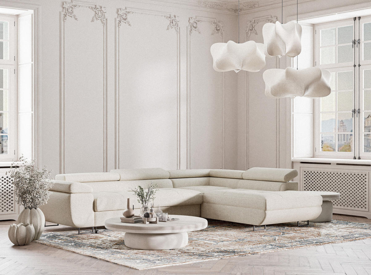 ECKSOFA MIT SCHLAFFUNKTION Concord Creme Webstoff - Creme/Schwarz, Holz/Holzwerkstoff (277/203cm) - Maison de Reve
