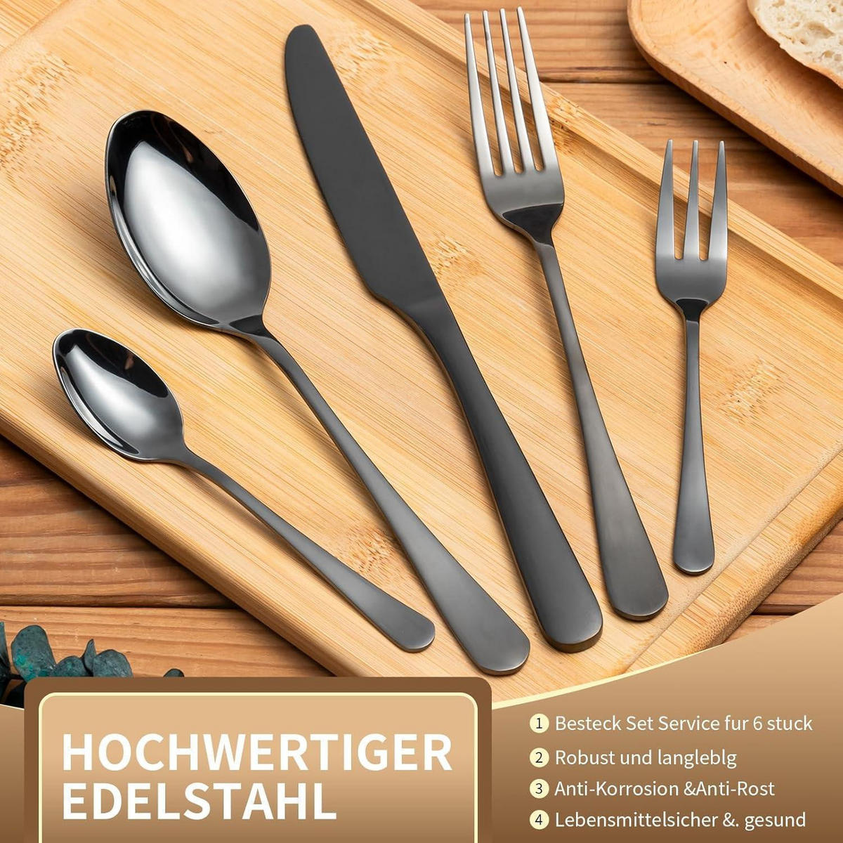 BESTECKSET Edelstahl Spiegelpoliert 30-teilig für 6 Personen Schwarz - Silberfarben, Metall