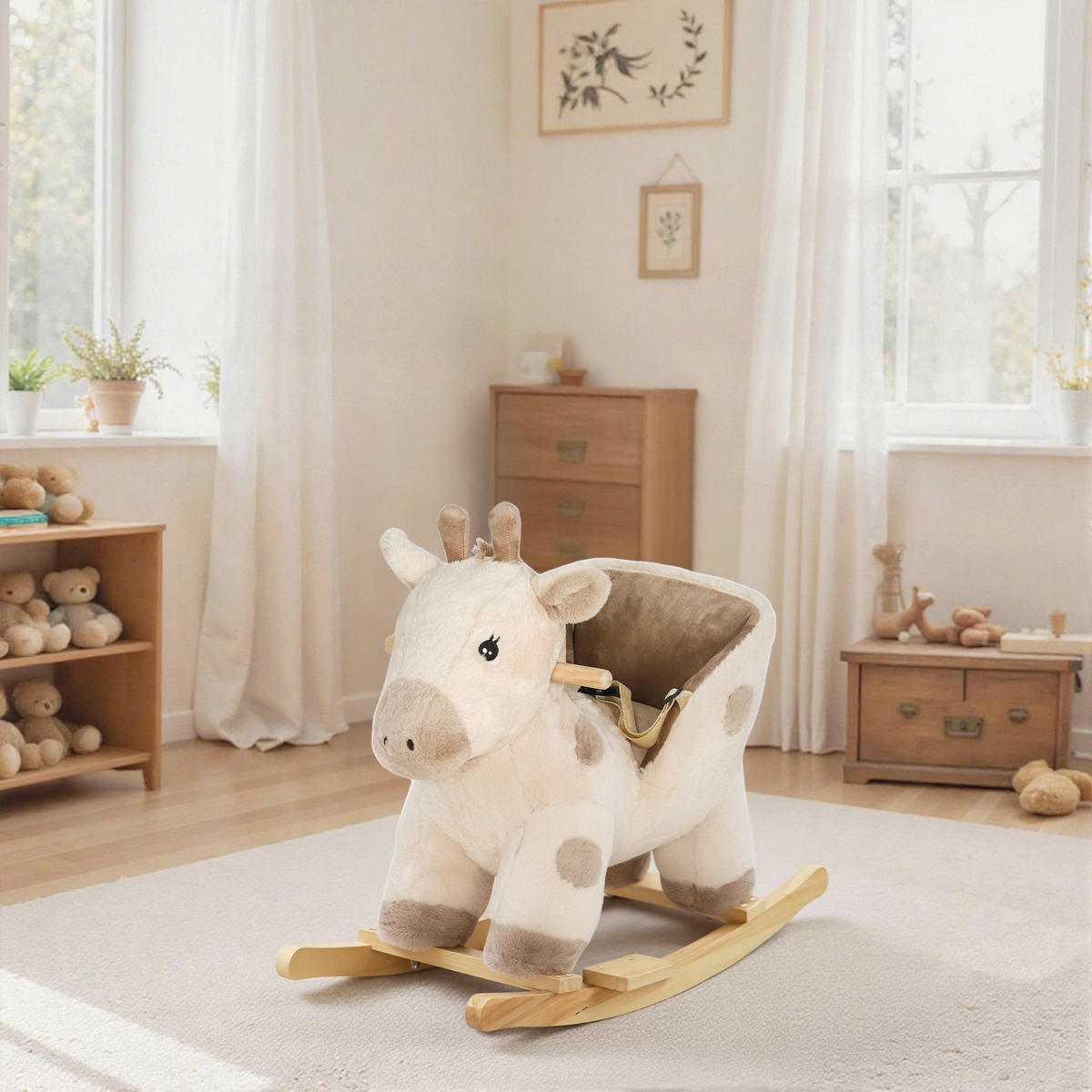 SCHAUKELPFERD DE-18247 Giraffe mit Sound & Sicherheitsgurt Beige - Beige, Holz (35/50/68cm) - ComfortXL