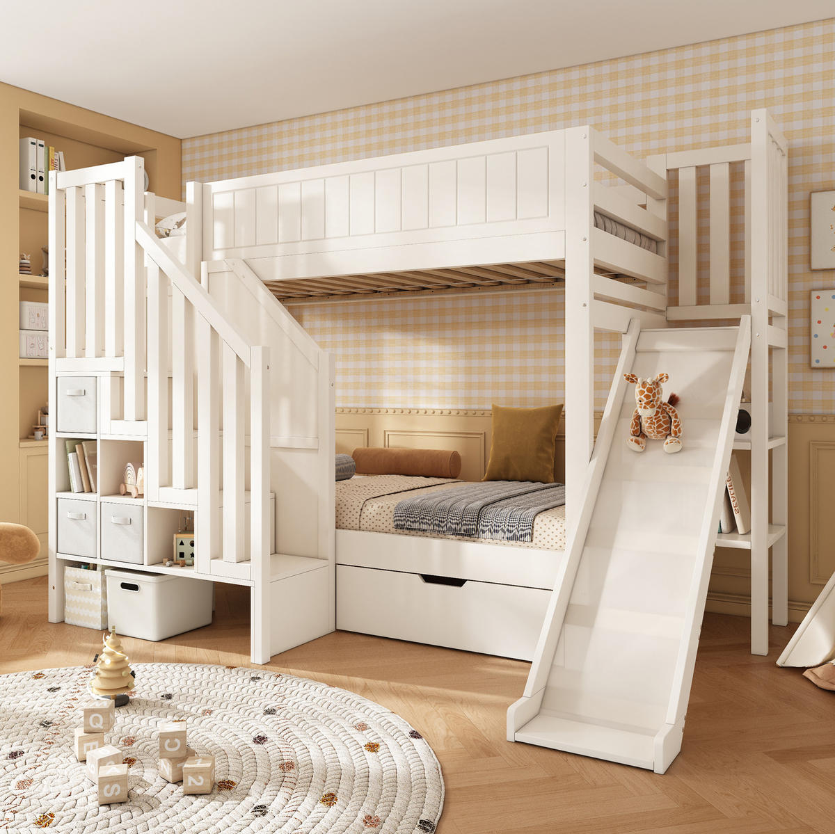 ETAGENBETT 160/200 cm weiß aus Holz mit Rutsche und Stauraum - Weiß, Holzwerkstoff (90/200cm) - OKWISH