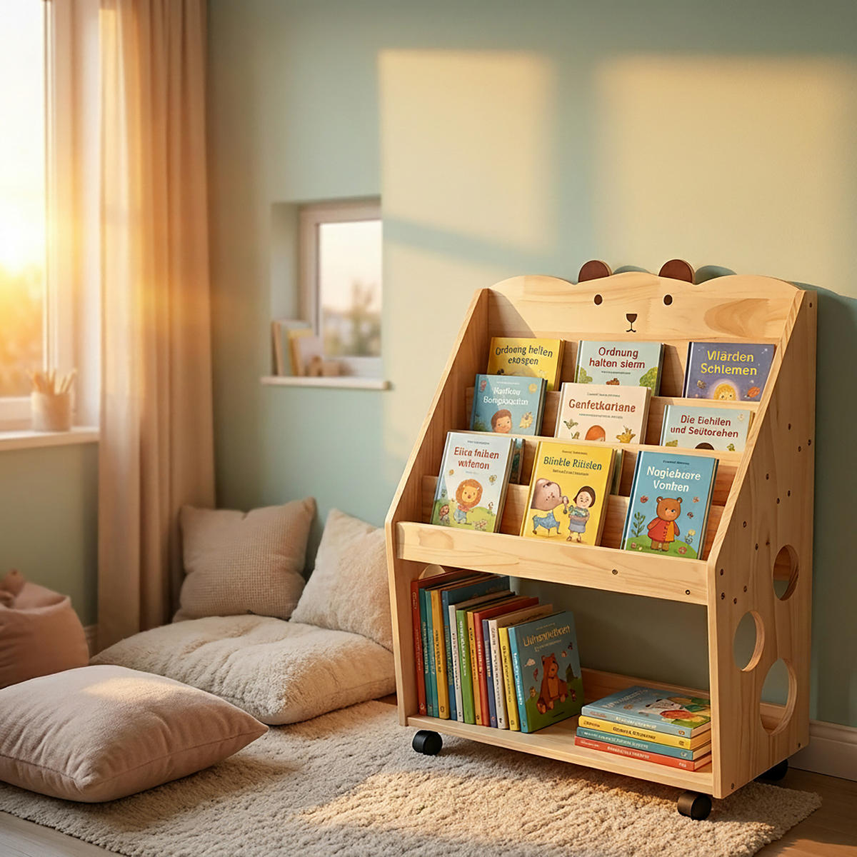BÜCHERREGAL Natur Kinder auf Rollen mit Kreidetafel - Hellbraun, Holz/Kunststoff (70/85/29.5cm) - Relaxdays