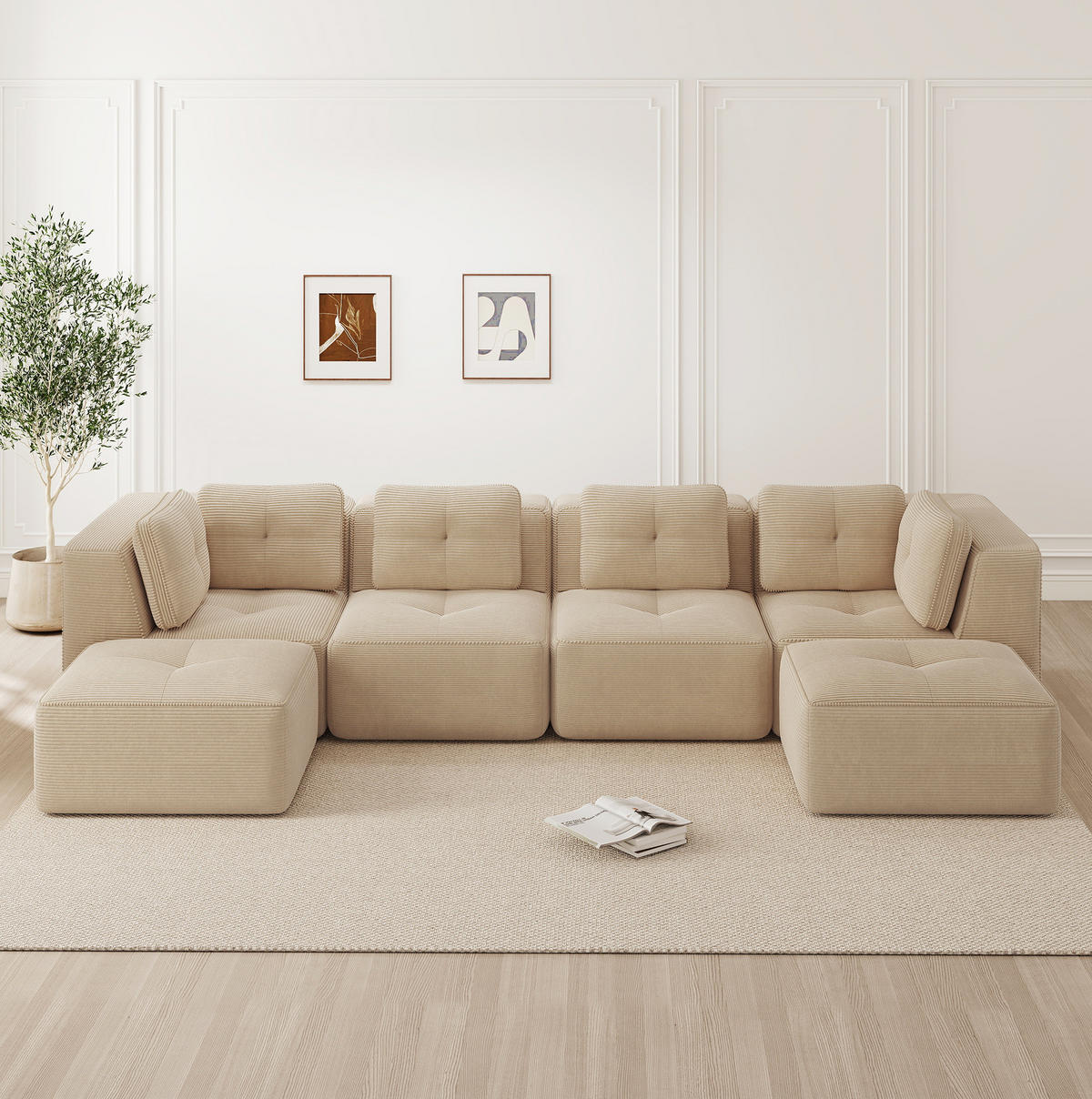 WOHNLANDSCHAFT 386/177/69 cm in Beige aus Cord mit rutschfestem Stand - Beige, Textil (177/69/386cm) - Flora Grace