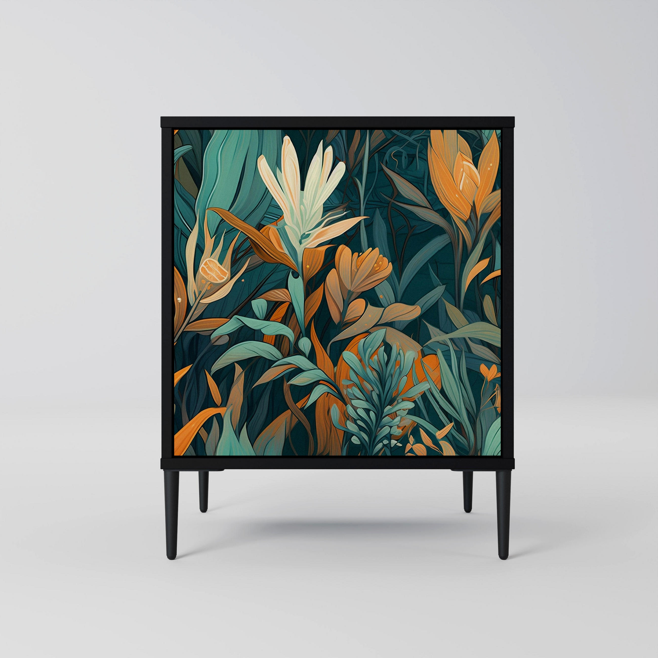 SIDEBOARD FLORAL SERENITY, Schwarz, 57,5x42x72,5 cm, Schwarze Metallfüße - Multicolor/Schwarz, Holzwerkstoff/Metall (57.5/72.5/42cm) - SpaceRebels