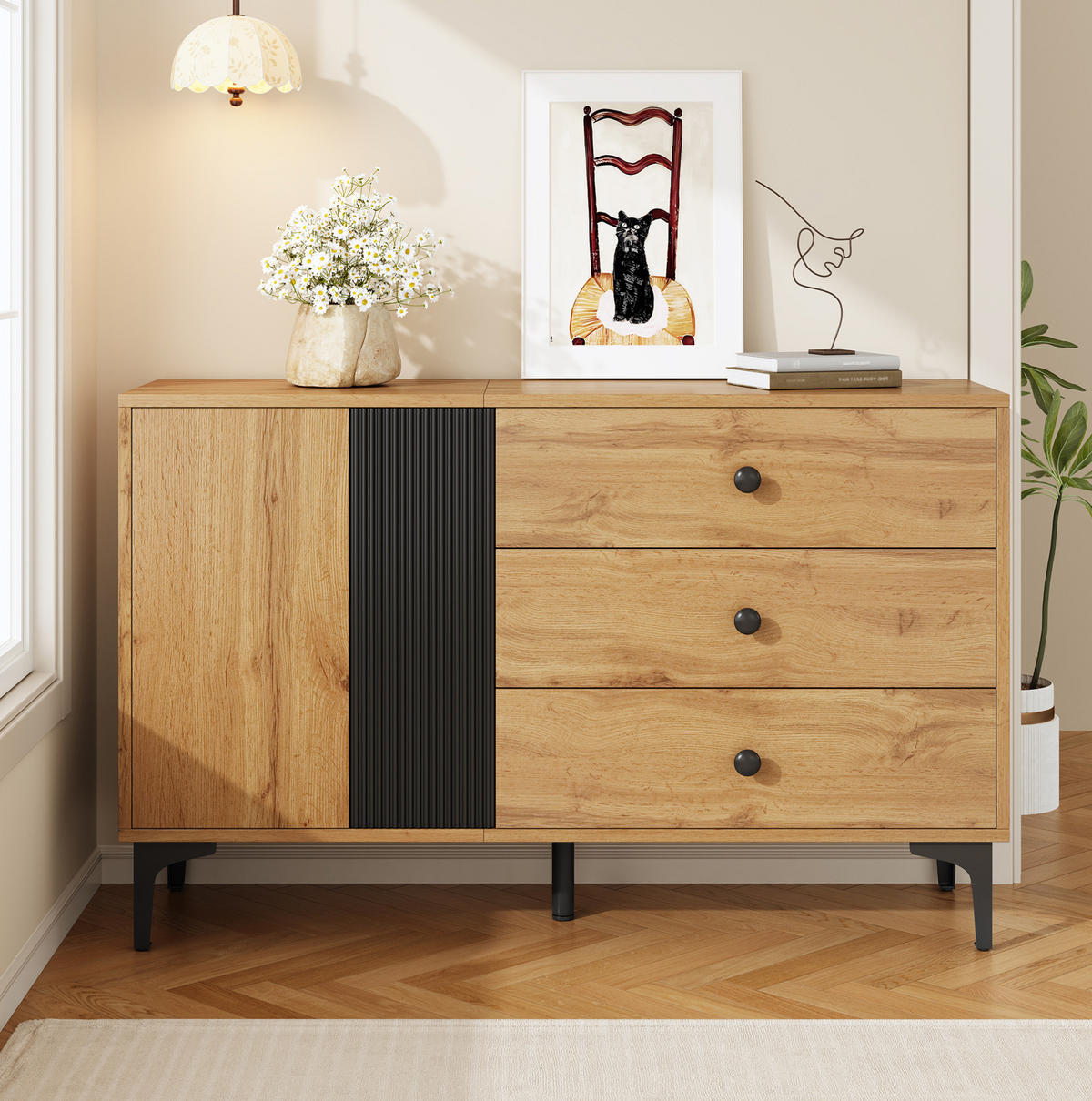 SIDEBOARD 120/35/76 cm in Natur/Schwarz mit 1 Tür, 3 Schubladen und Metallfüßen - Schwarz, Holzwerkstoff (120/76/35cm) - Flora Grace