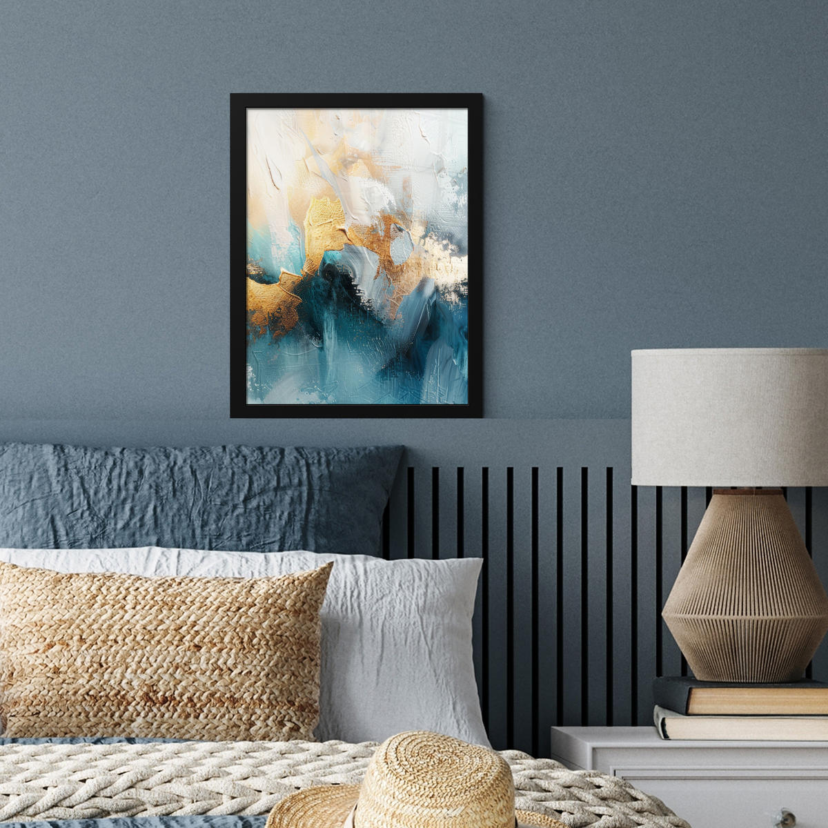 GERAHMTES BILD Abstrakt - Kunst - Gold - Blau 30x40 cm - Petrol, Papier (30/40cm) - MuchoWow