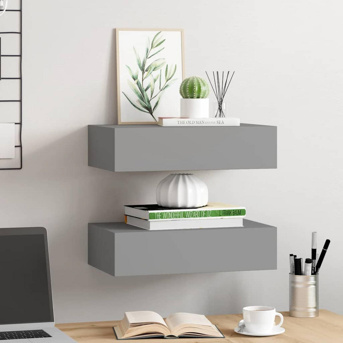 WANDREGALE mit Schubladen 2 Stk. Grau 40x23,5x10 cm - Grau, Holzwerkstoff (40/10/23.5cm) - furnicato