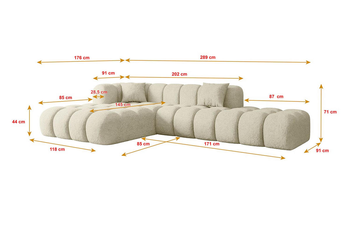 ECKSOFA Ottomane Links OLEA-L2 - 289x176x71 cm Beige Bouclé - Beige/Schwarz, Holzwerkstoff/Kunststoff (190/309cm) - ALTDECOR