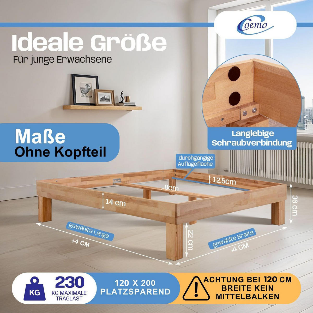 MASSIVHOLZBETT LEAH Buche massiv 120/200 cm - Naturfarben, Holz (120/200cm) - Coemo