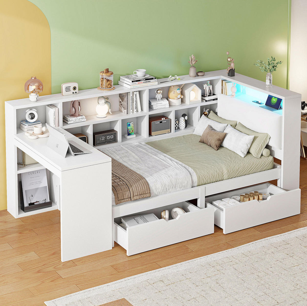 MULTIFUNKTIONSBETT 90/200 cm Weiß L-förmiges Bett mit Schreibtisch Bücherregal und LED-Beleuchtung - Weiß, Holzwerkstoff (90/200cm) - OKWISH