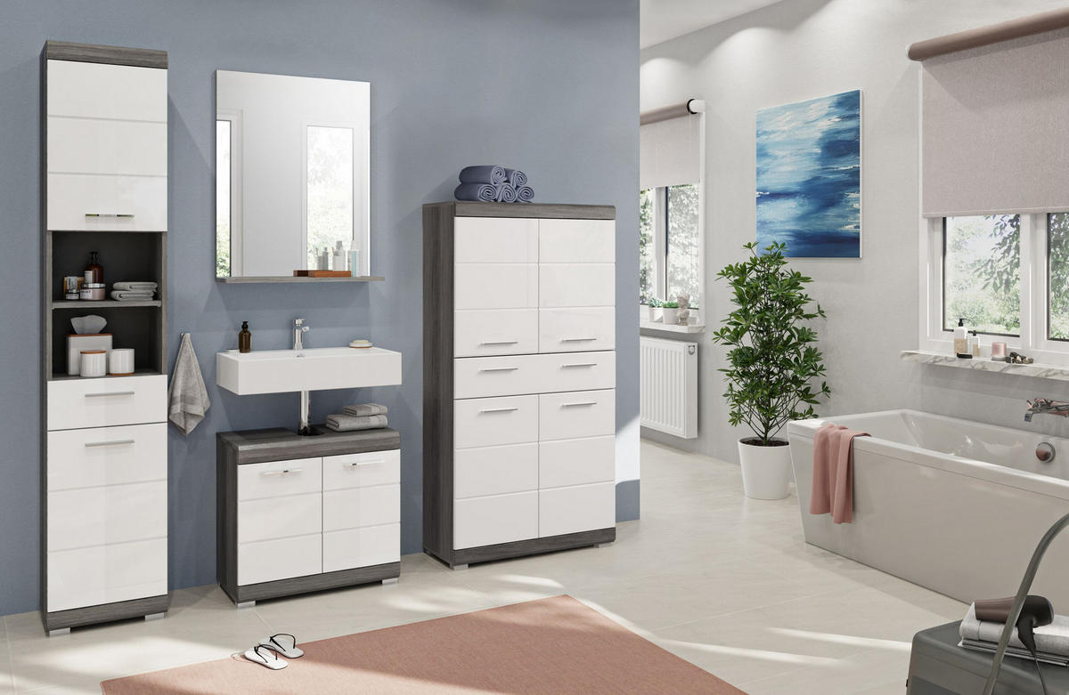 BADKOMBINATION 4tlg. Scout Bad in Rauchsilber Nachbildung und weiß hochglanz B/H/T: 186x191x34 cm - Anthrazit, Holz (186/191/34cm)