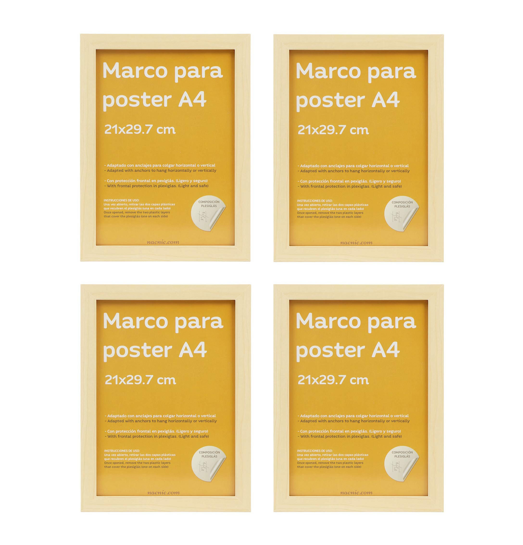 RAHMEN Set mit 4 aus MDF und Acrylglas Schutz und Aussteller für Fotografien, Bilder, Poster, Gemälde, Dekoration für Haus Farbe Hellholz A4 - Beige, Holz (21/3/29.7cm) - Nacnic