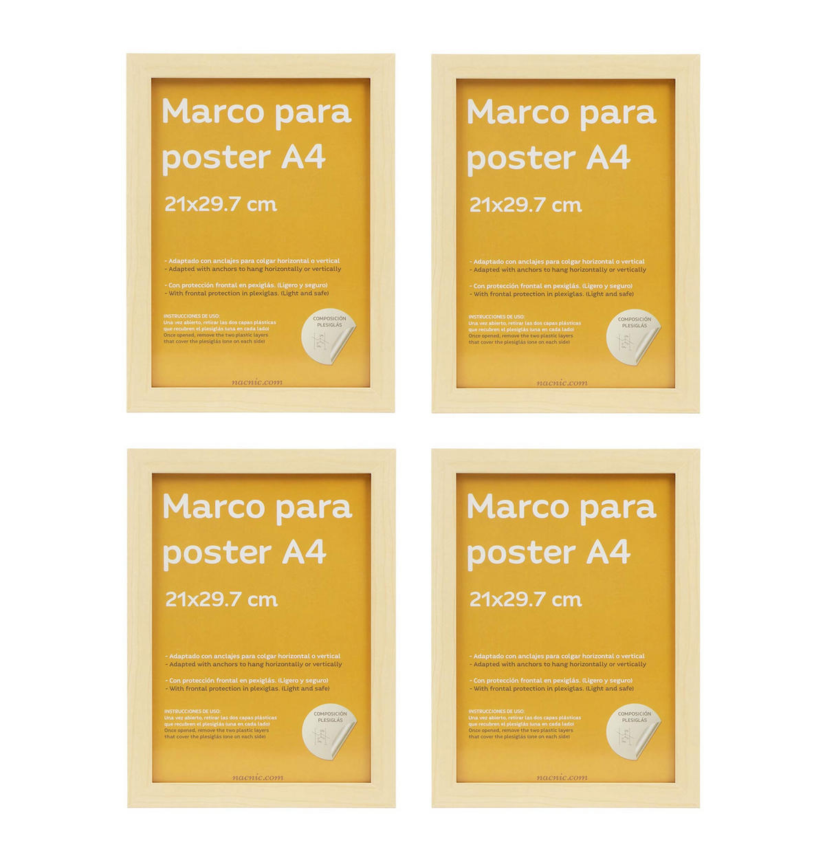 RAHMEN Set mit 4 aus MDF und Acrylglas Schutz und Aussteller für Fotografien, Bilder, Poster, Gemälde, Dekoration für Haus Farbe Hellholz A4 - Beige, Holz (21/3/29.7cm) - Nacnic