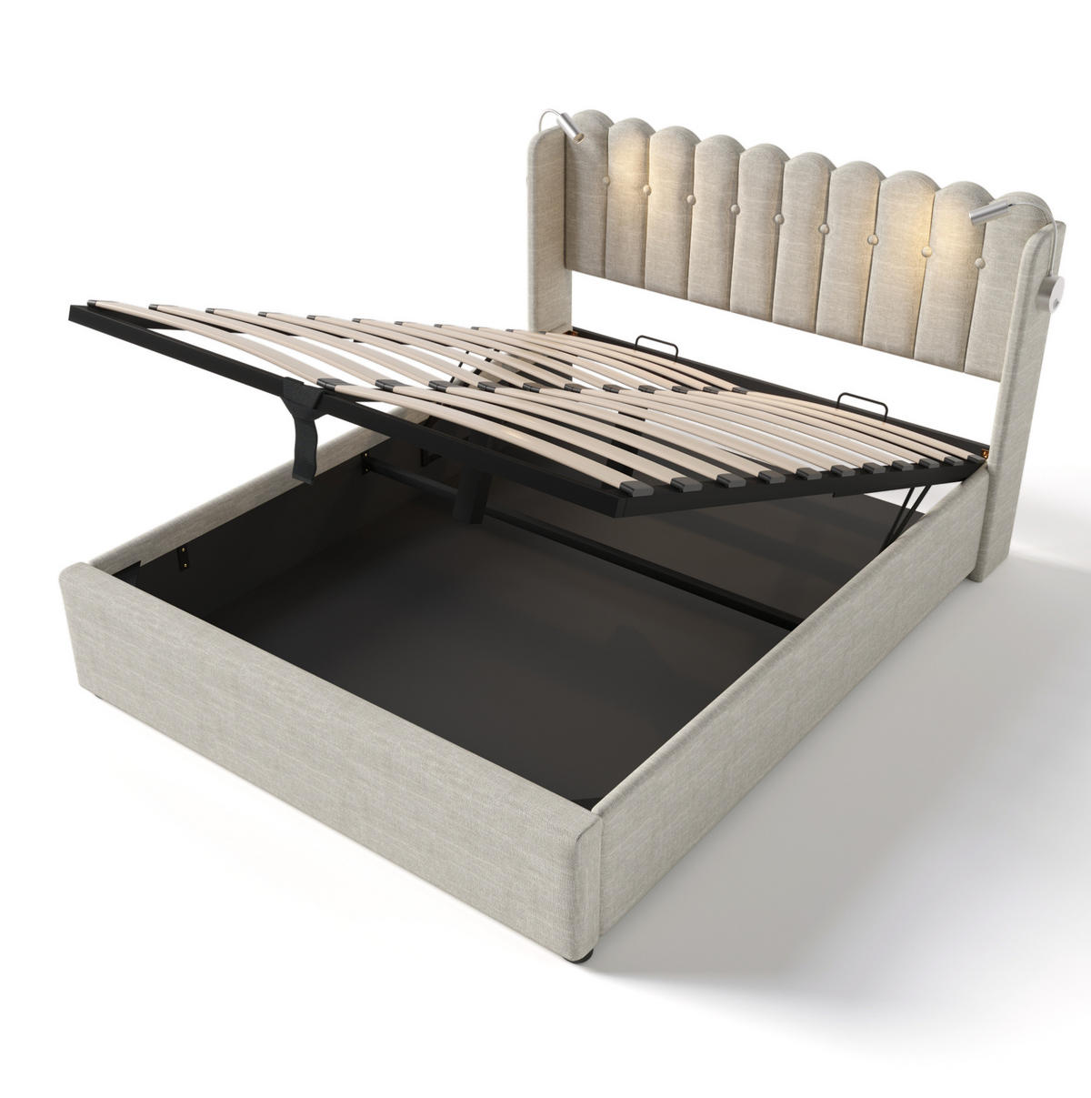 POLSTERBETT mit Bettkasten 140x200 cm Leinen Beige USB & Leselicht - Beige, Metall (140/200cm) - Meubliv