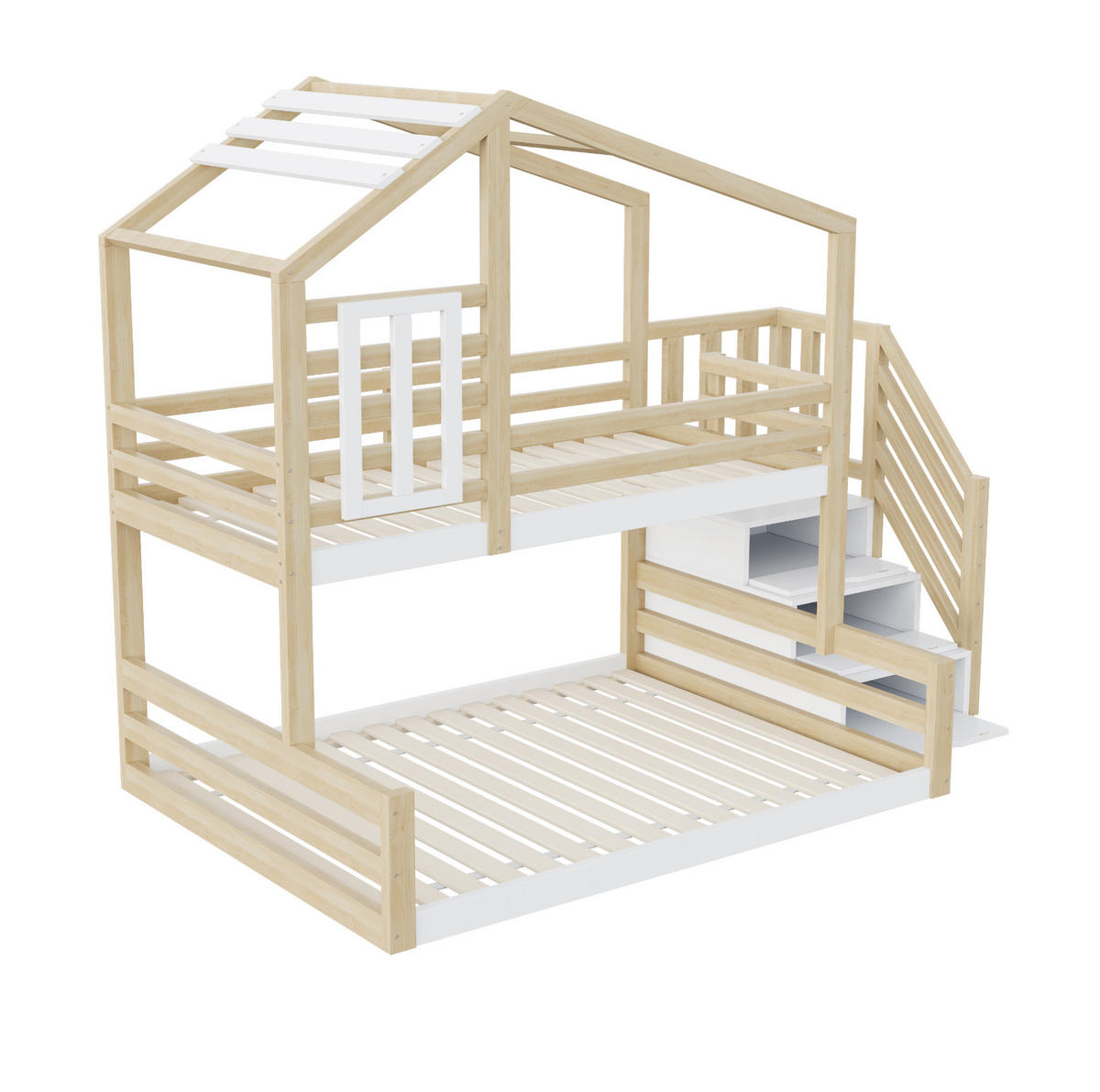 ETAGENBETT 90/200 & 140/200 cm mit Hausdesign, Fenster, Stauraumtreppe und Rundumgeländer aus Kiefer , Natur - Naturfarben, Holzwerkstoff (90/200cm) - Redom