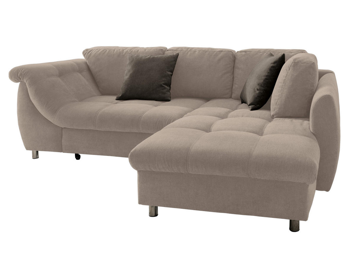 ECKSOFA mit Schlaffunktion, Bettkasten, Wellenunterfederung, Ottomane rechts B250/T190/H84 cm, Liegefl. 179x190 cm, Mikrofaser Hellbraun / 17009 - Hellbraun/Chromfarben, Textil/Metall (250/190cm) - luma-home