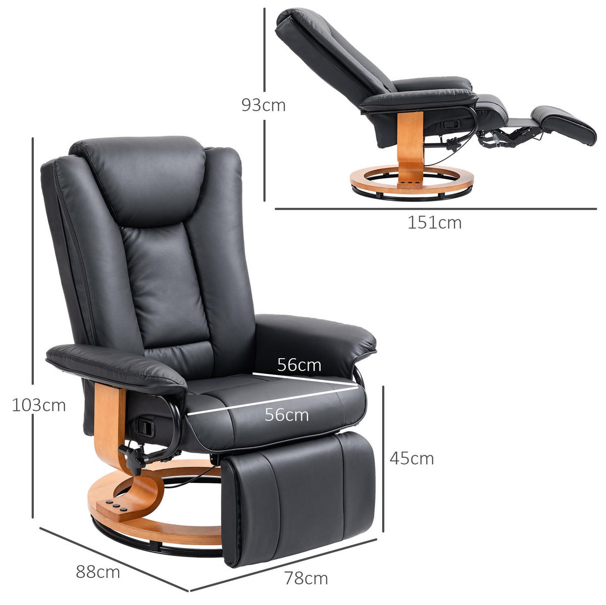 RELAXSESSEL 78/88/103 cm in Schwarz drehbar mit Liegefunktion - Schwarz, Leder (78/103/88cm) - BEAOK