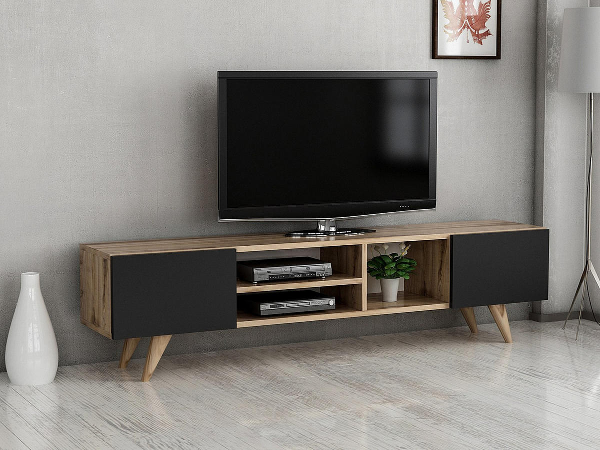 TV-BOARD - 160 cm x 31 cm - Holz, Platte - Schwarz, Naturfarben Hell - MOSTIA - Schwarz/Naturfarben, Holz (160/40/31cm) - Vente-Unique