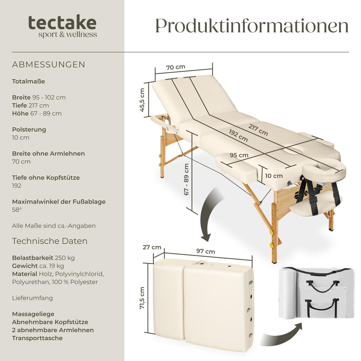 MASSAGELIEGE 3 Zonen, 218 x 102 x 90 cm,beige - Beige, Holz (102/90/218cm) - tectake