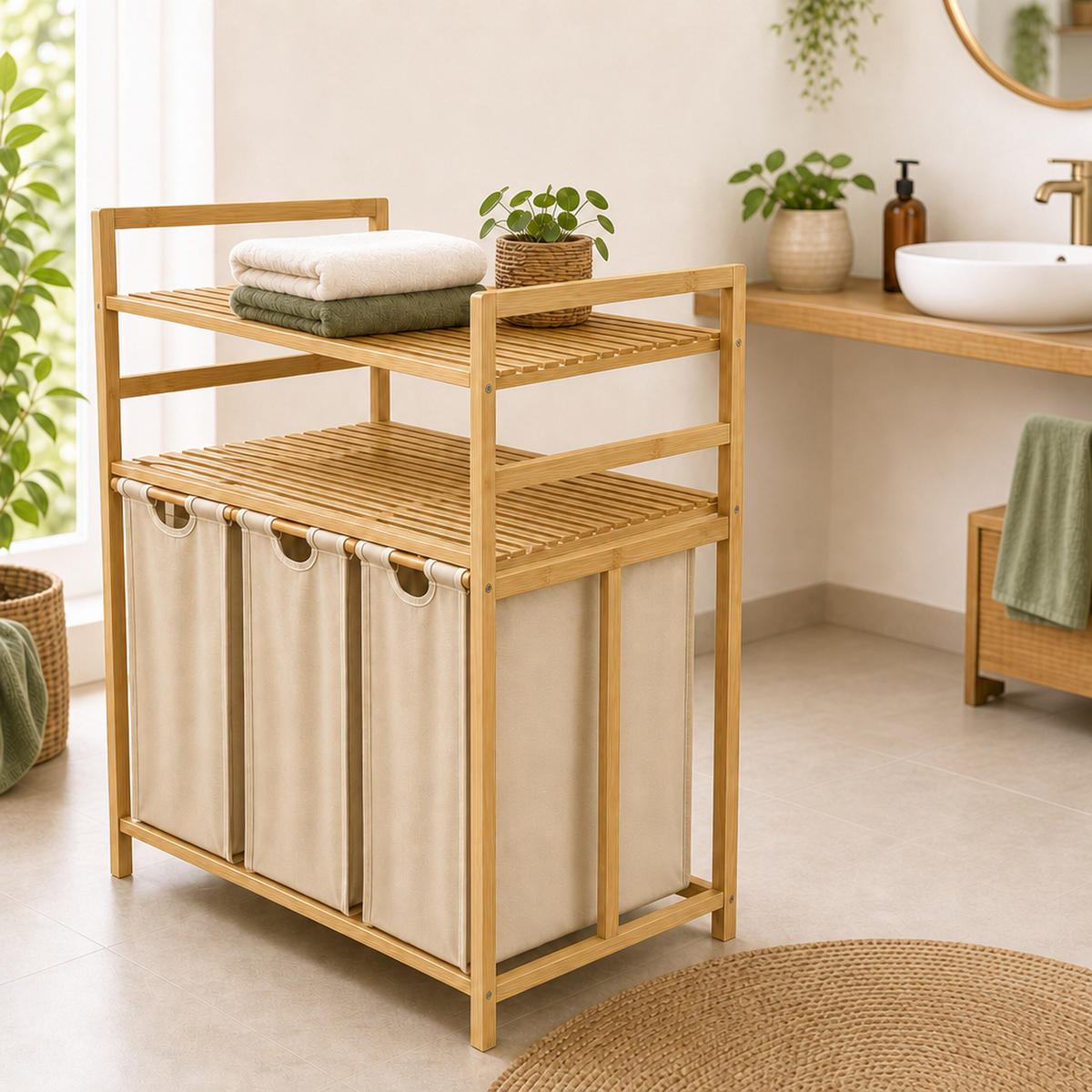 WÄSCHESAMMLER Natur Beige 3er-Set Bambus - Multicolor, Holz/Textil (78/100/41.5cm) - Relaxdays